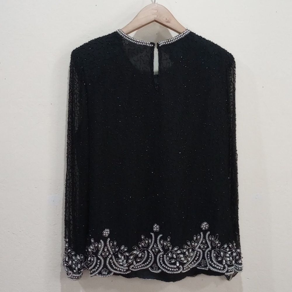 Vintage Lawrence Kazar Paris/New York Black Beaded Pearl Silk Blouse, Size 10 - Picture 2 of 11